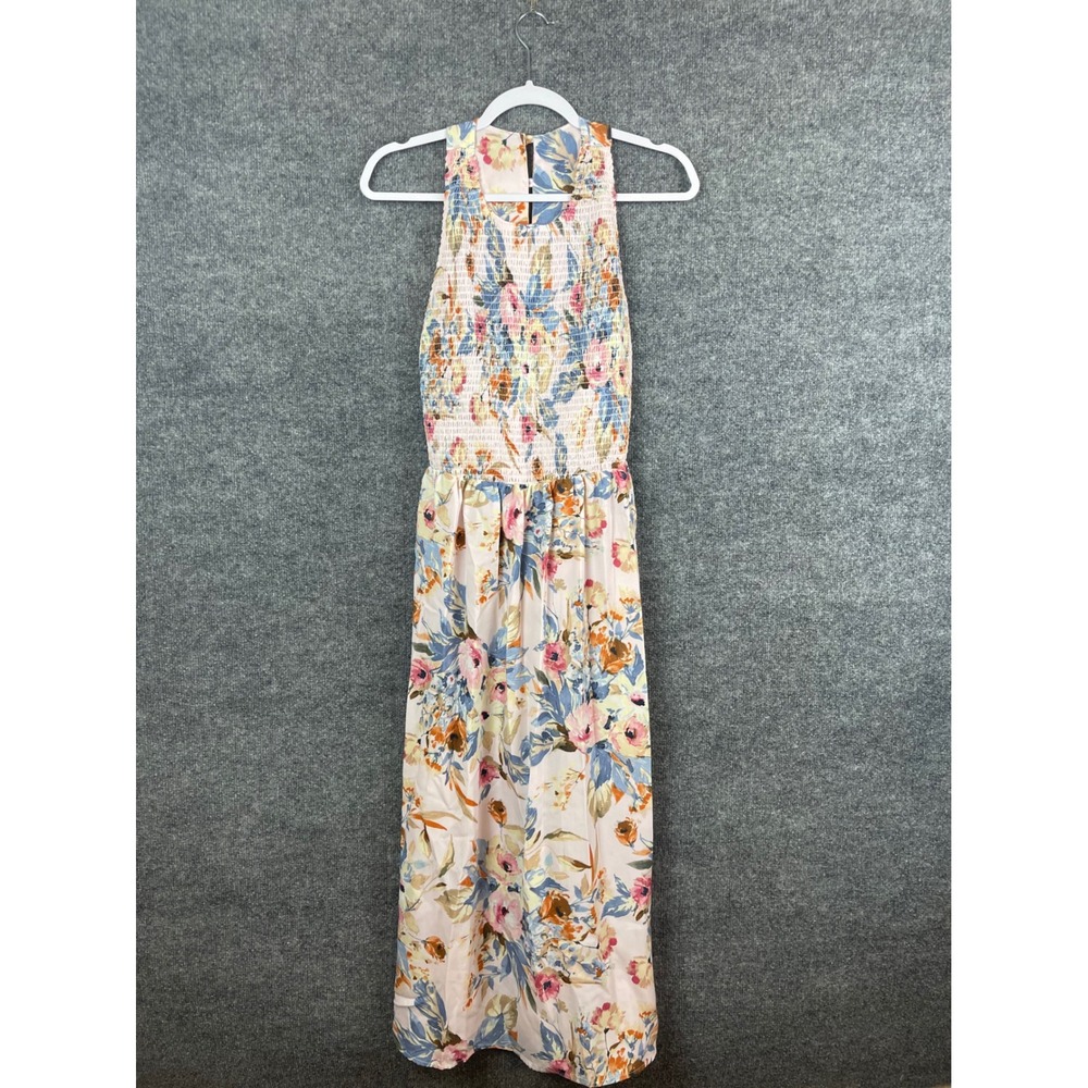 Gypsies & Moondust Floral Maxi Dress Women's Medium Pink Blue Smocked Sleeveless